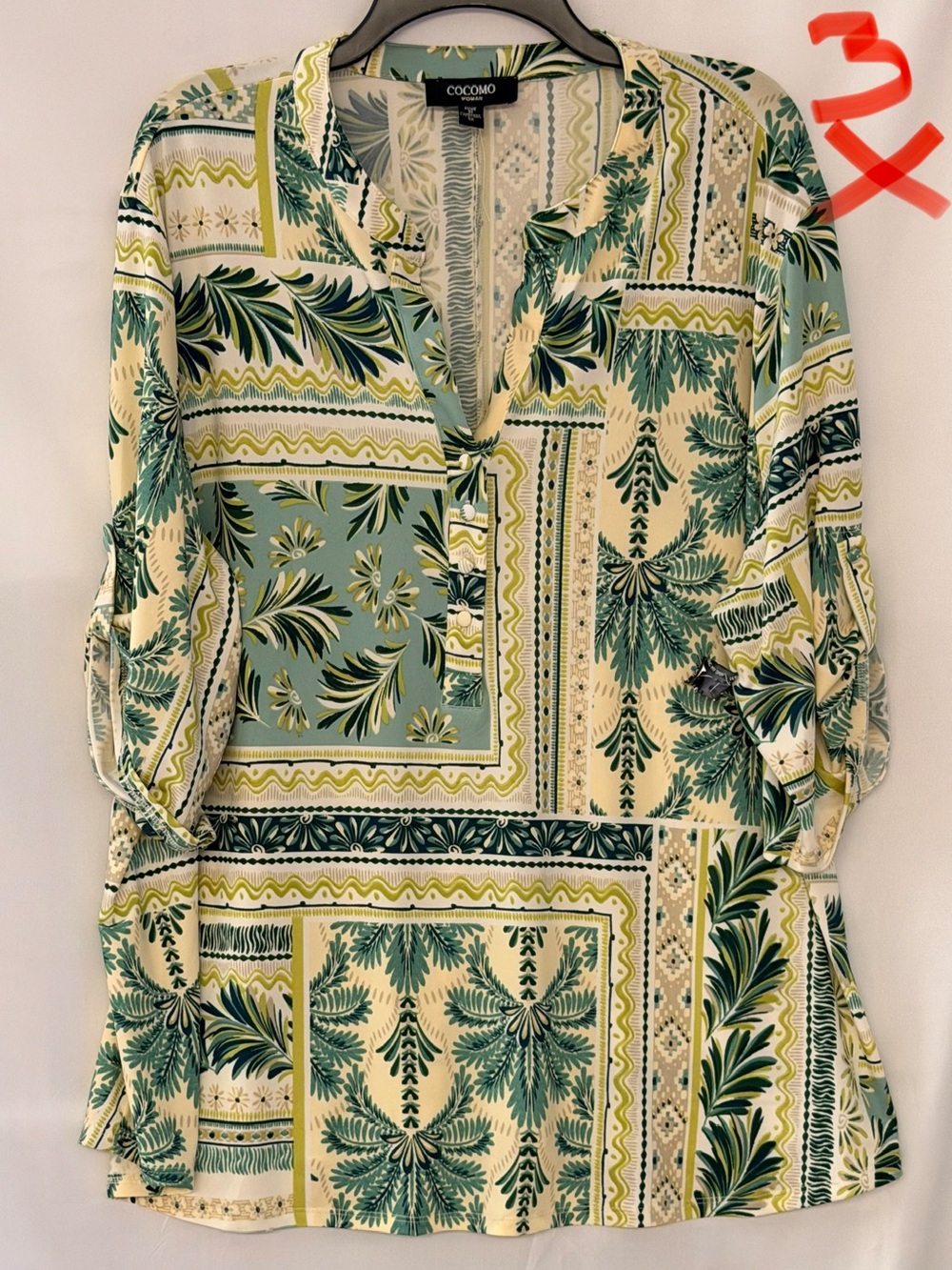 Cocomo Green and Cream Mixed Botanical Patchwork Tunic Blouse
